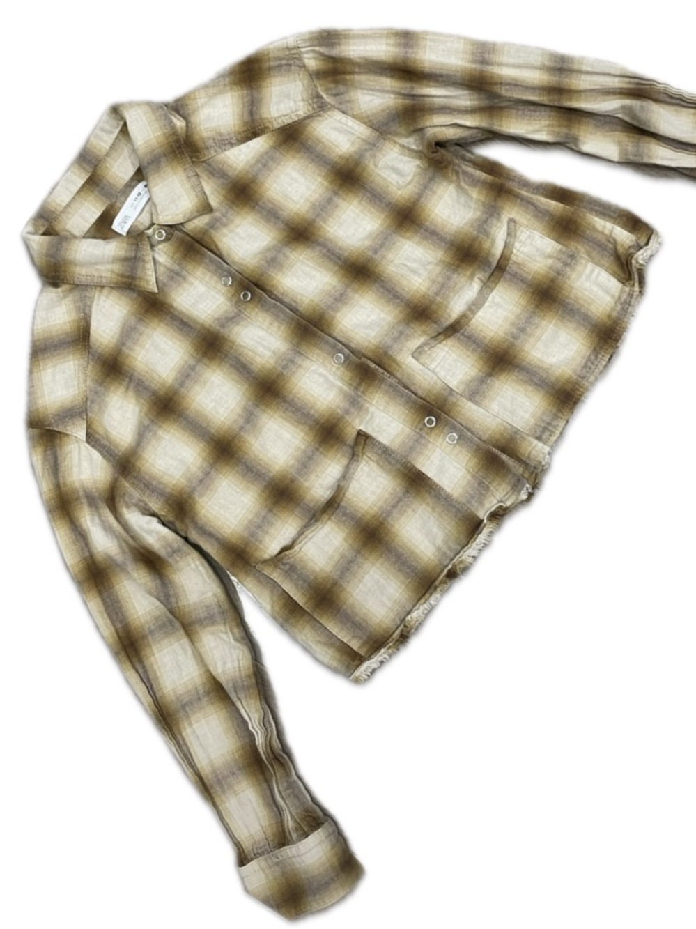 ZARA Plaid Cropped Button Up Jacket Shirt Beige Brown Kids